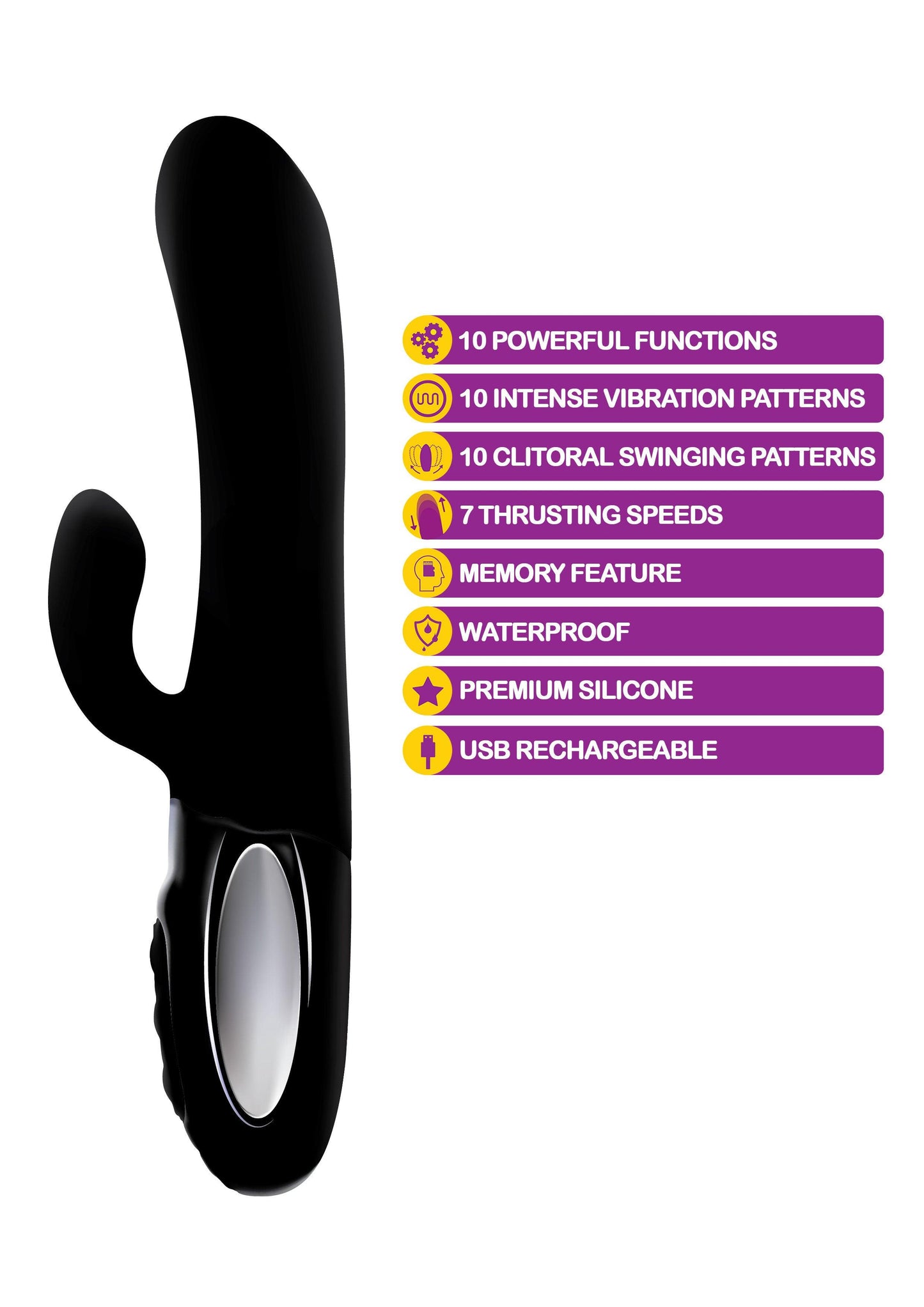 Hypnotic - Black - Thrusting Rabbit With Swinging Clitoral Stimulator - Love It Wet