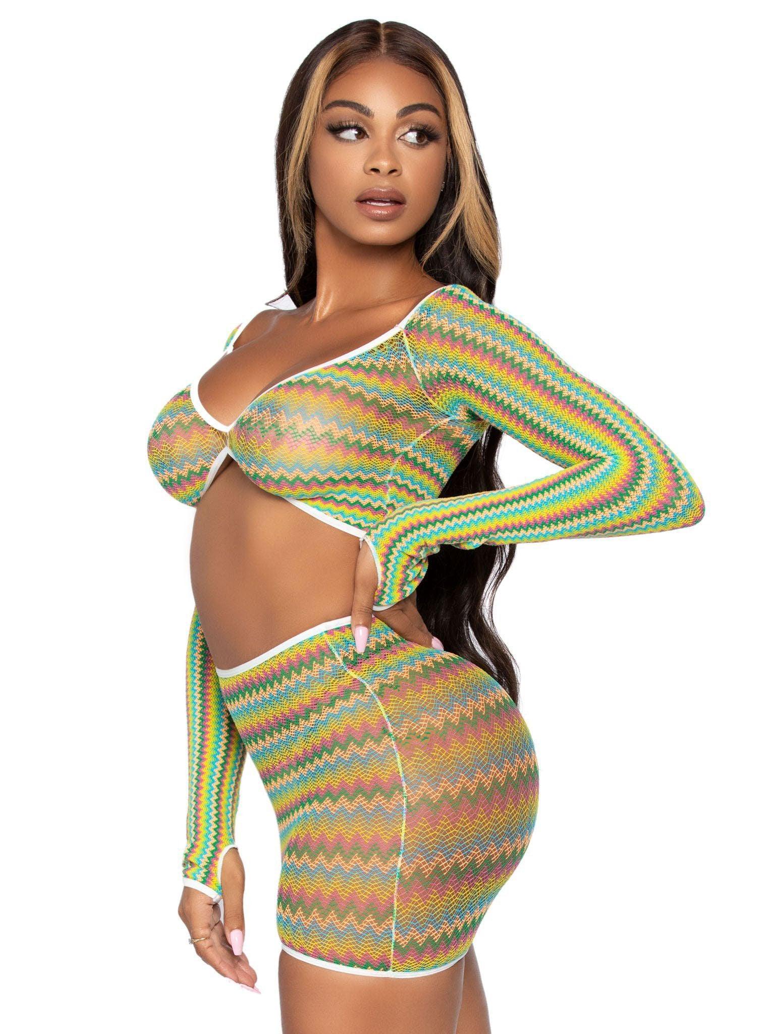 2 Pc Zig Zag Net Crop Top and Mini Dress - One Size - Green - Love It Wet