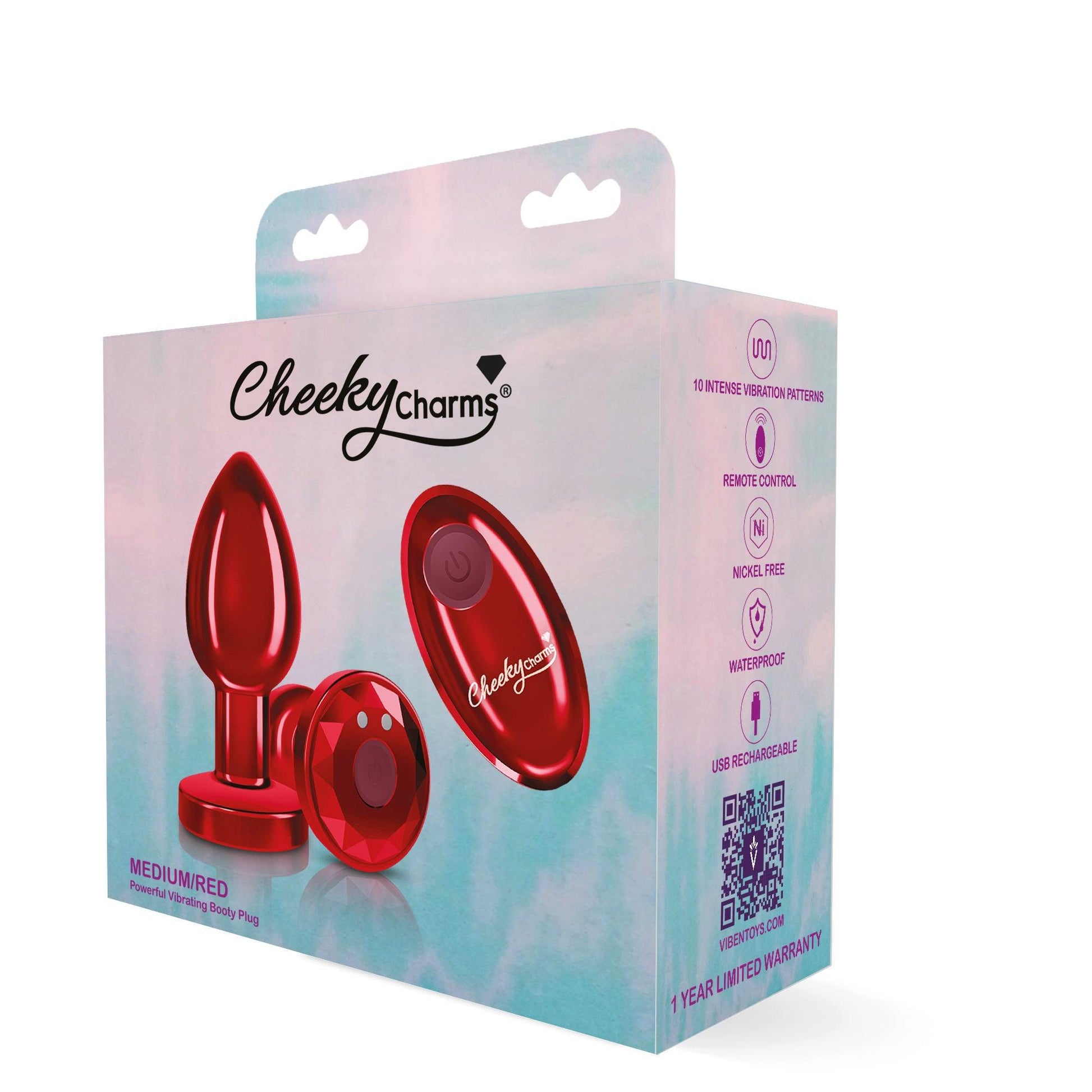 Cheeky Charms - Rechargeable Vibrating Metal Butt Plug With Remote Control - Red - Small - Love It Wet