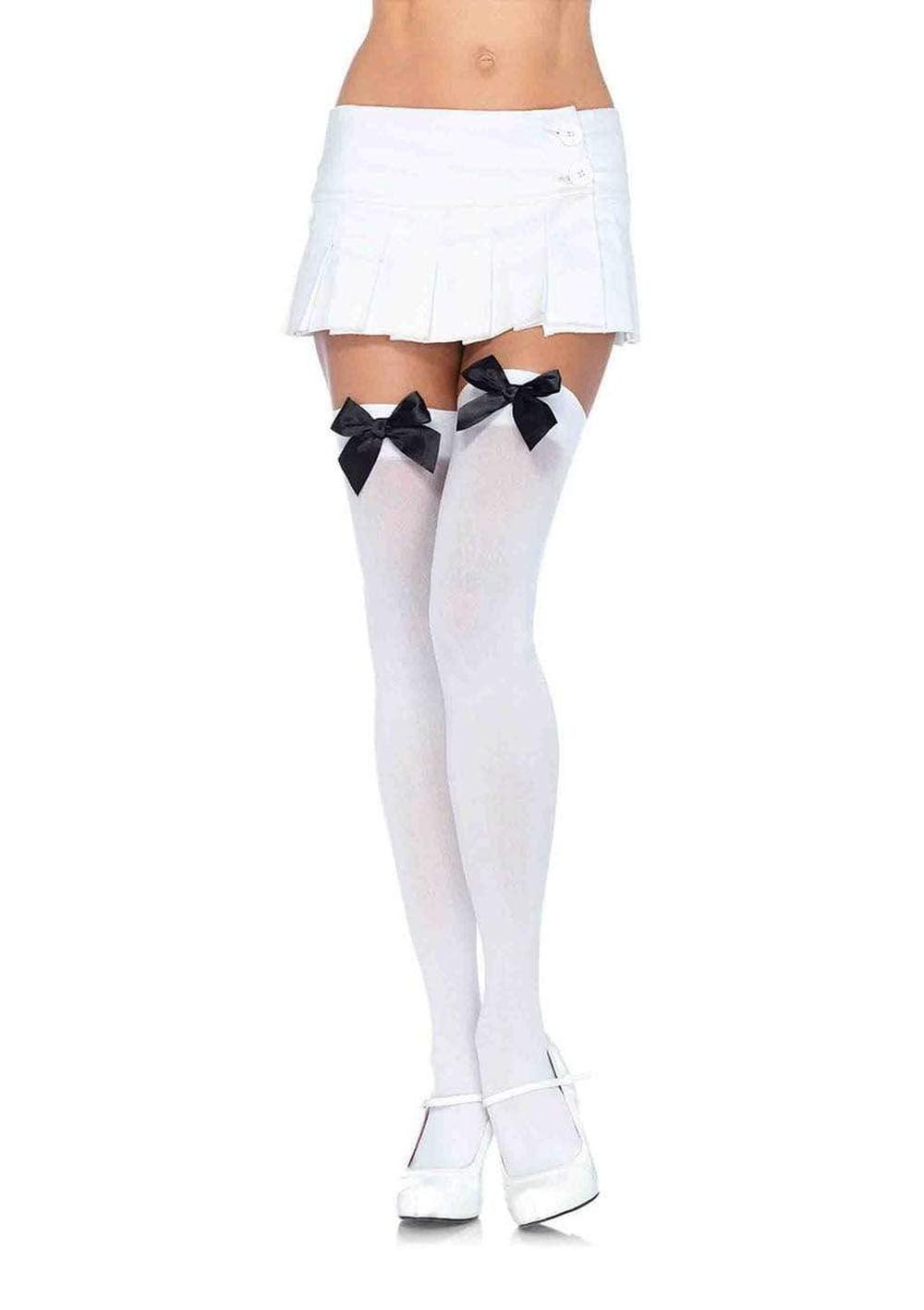 Nylon Thigh Highs With Bow - One Size - White / Black - Love It Wet