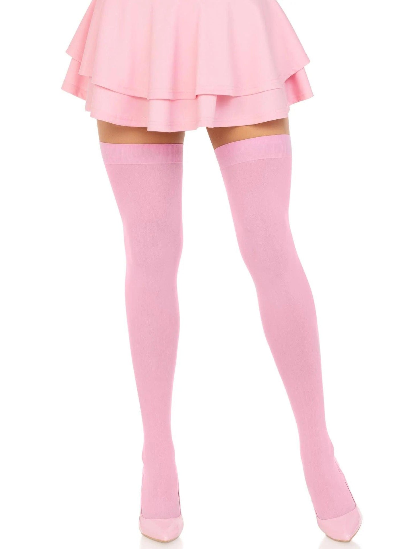 Opaque Nylon Thigh Highs - One Size - Pink - Love It Wet