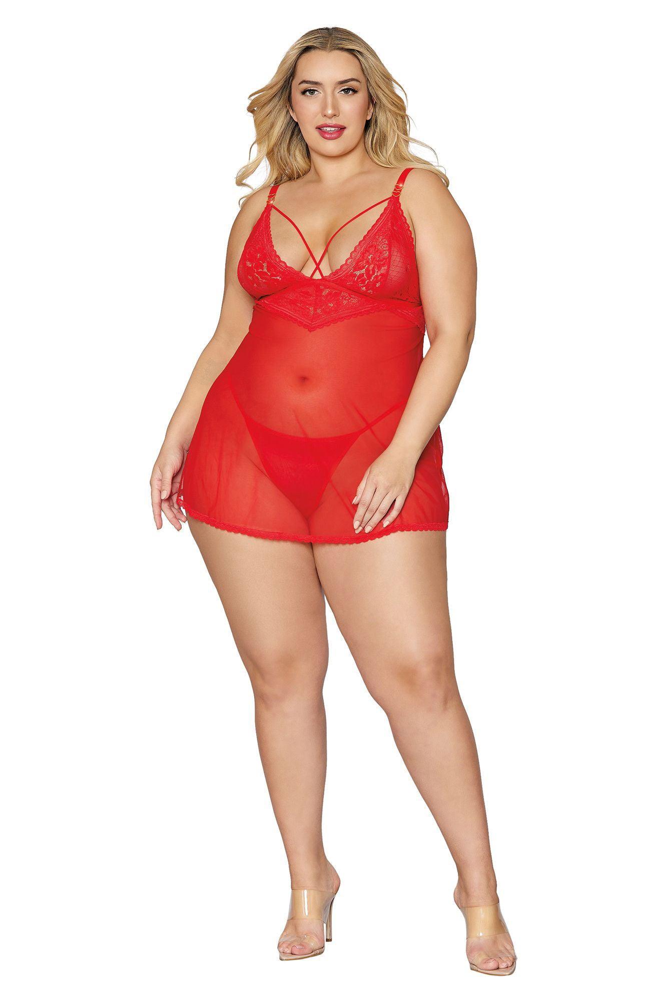 Babydoll and G-String - Queen Size - Lipstick Red - Love It Wet