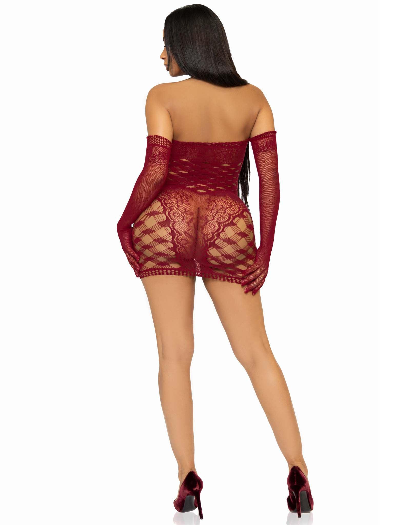 2 Pc Hardcore Net Tube Dress With Gloves - One Size - Burgundy - Love It Wet