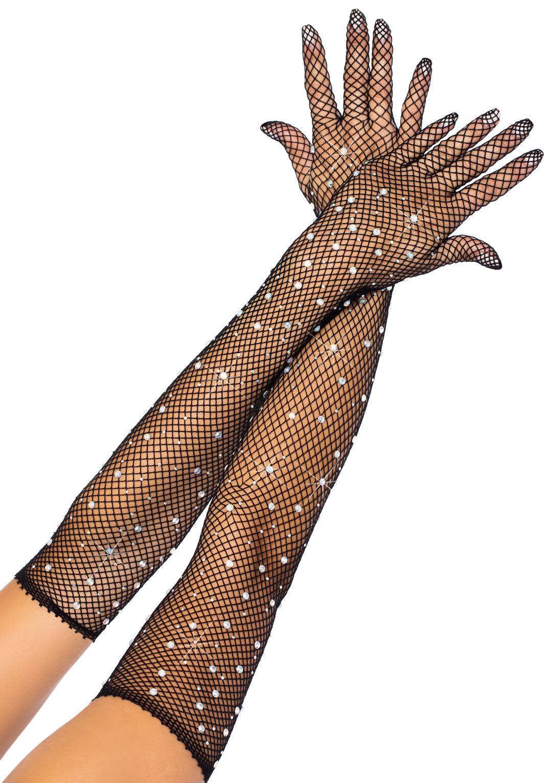 Rhinestone Fishnet Long Gloves - Black - Love It Wet