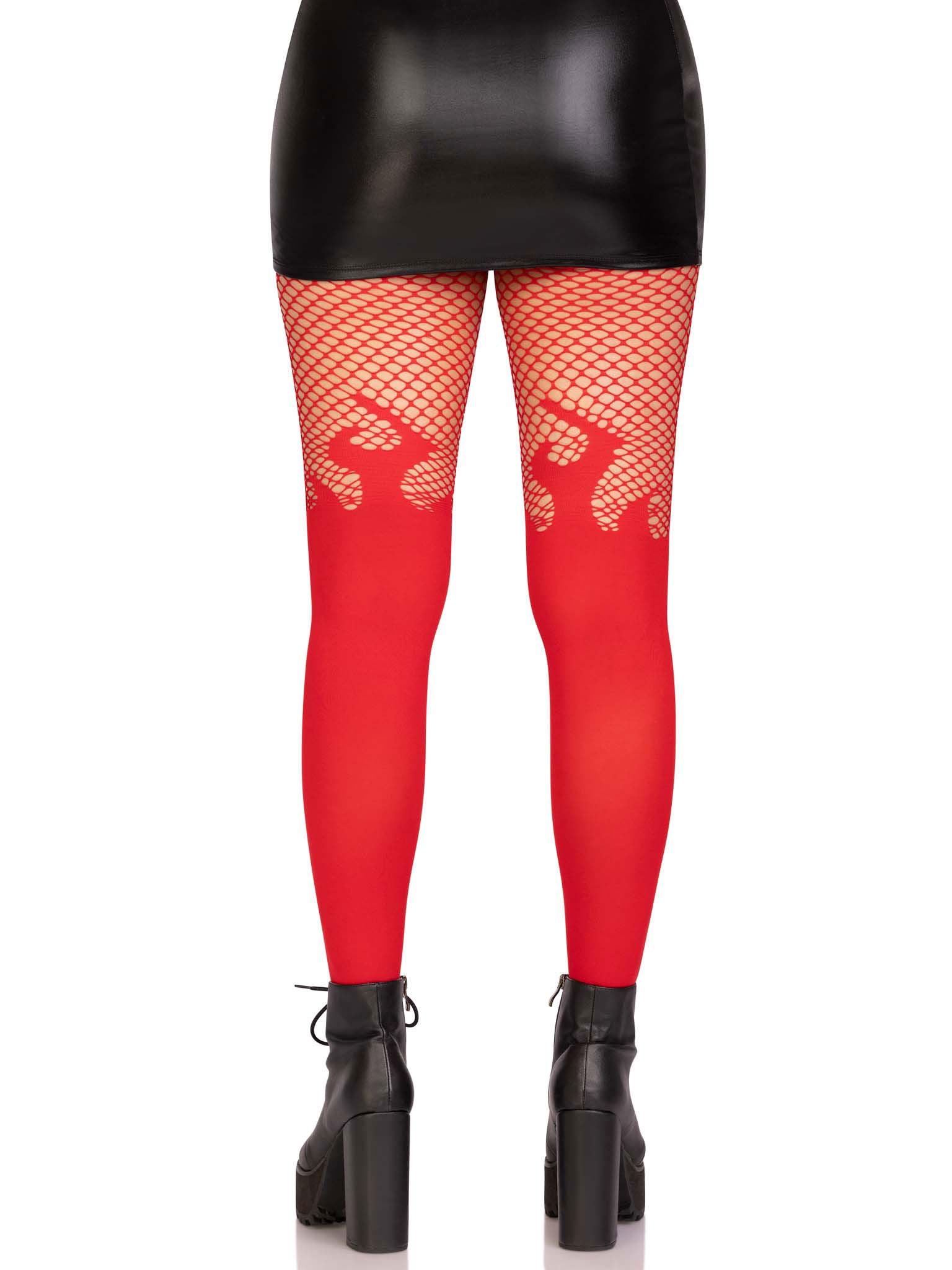 Opaque Flame Tights With Fishnet Top - One Size - Black - Love It Wet