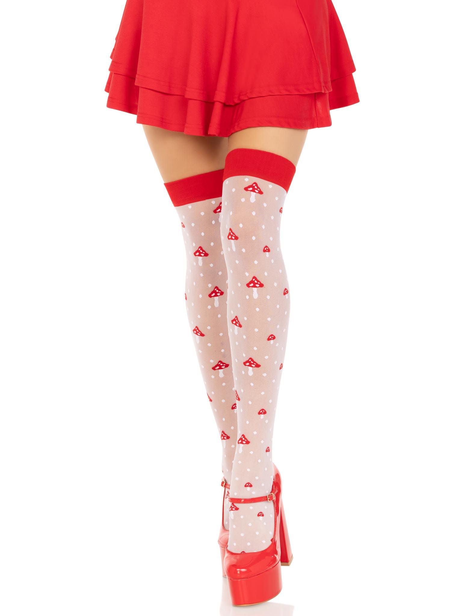 Polka Dot Mushroom Thigh High - One Size - White/red - Love It Wet