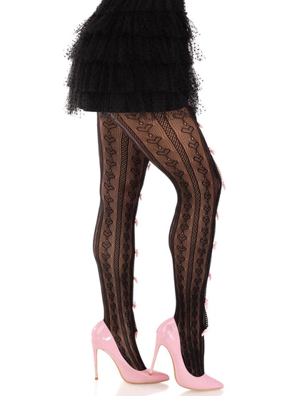 Sweetheart Striped Net Tights With Keyhole and Mini Bow Detail - One Size - Black - Love It Wet