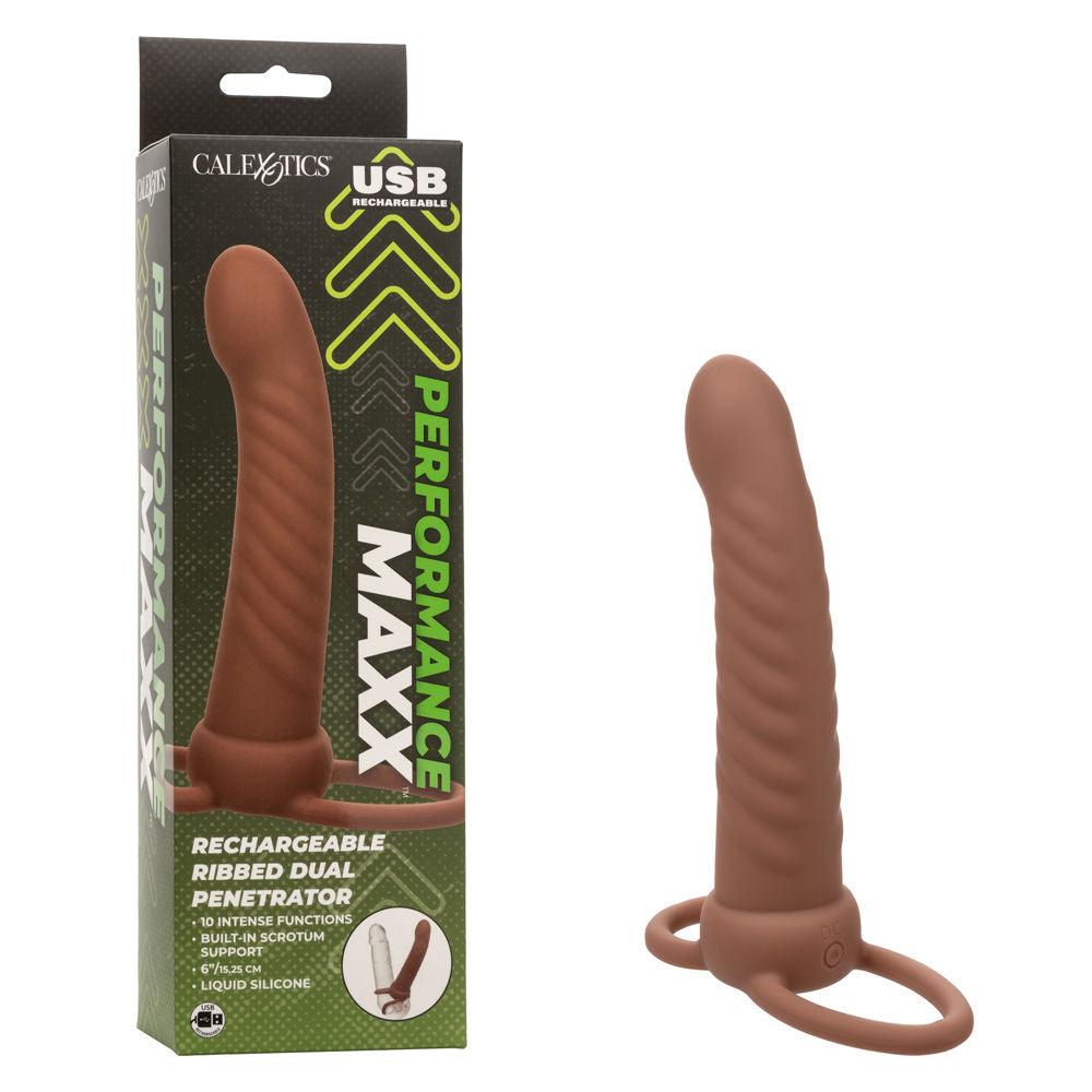 Performance Maxx Rechargeable Ribbed Dual Penetrator - Brown - Love It Wet