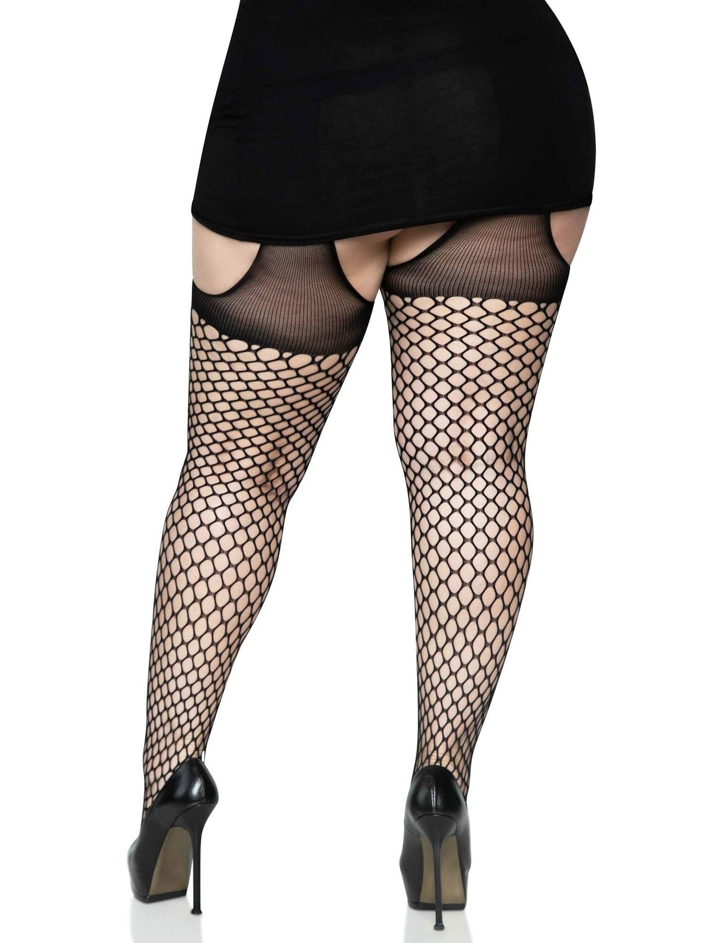 Oval Net Suspender Hose With Opaque Top - 1x/2x Size - Black - Love It Wet